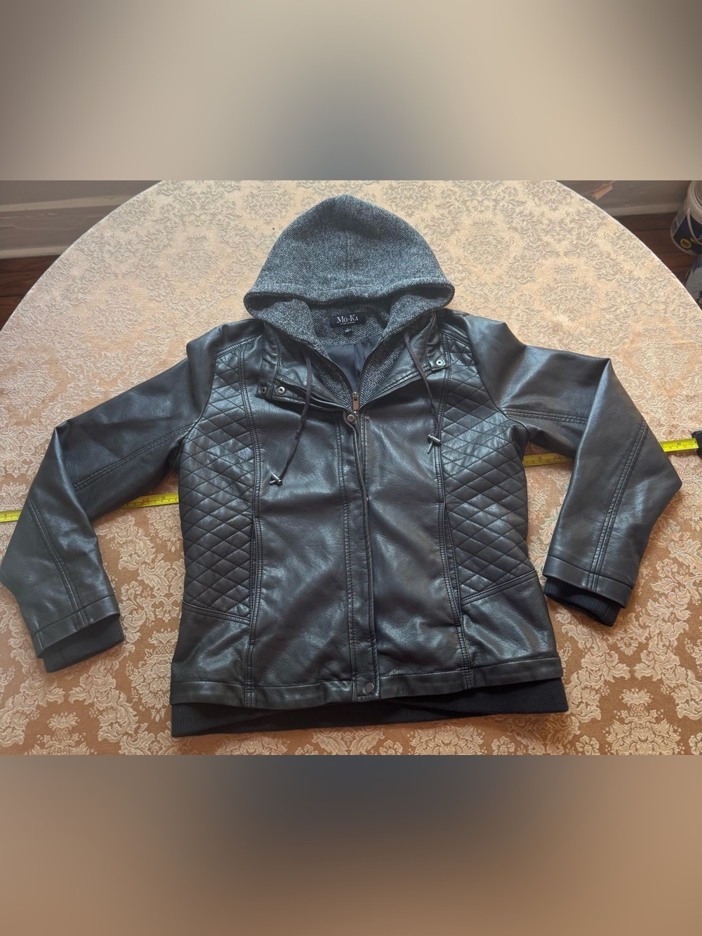 Mo-Ka Quilted Dark Brown Faux Leather double zip jacket with gray twill hood